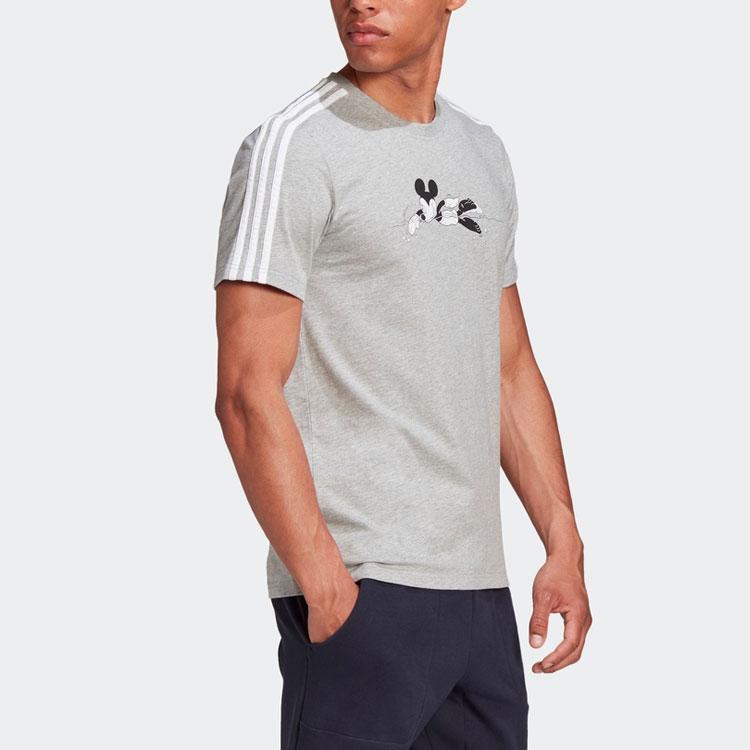 Adidas Disney Collaboration Cartoon Print Striped Crew Neck Short Sleeve T-Shirt Unisex Tops Gray GQ0906