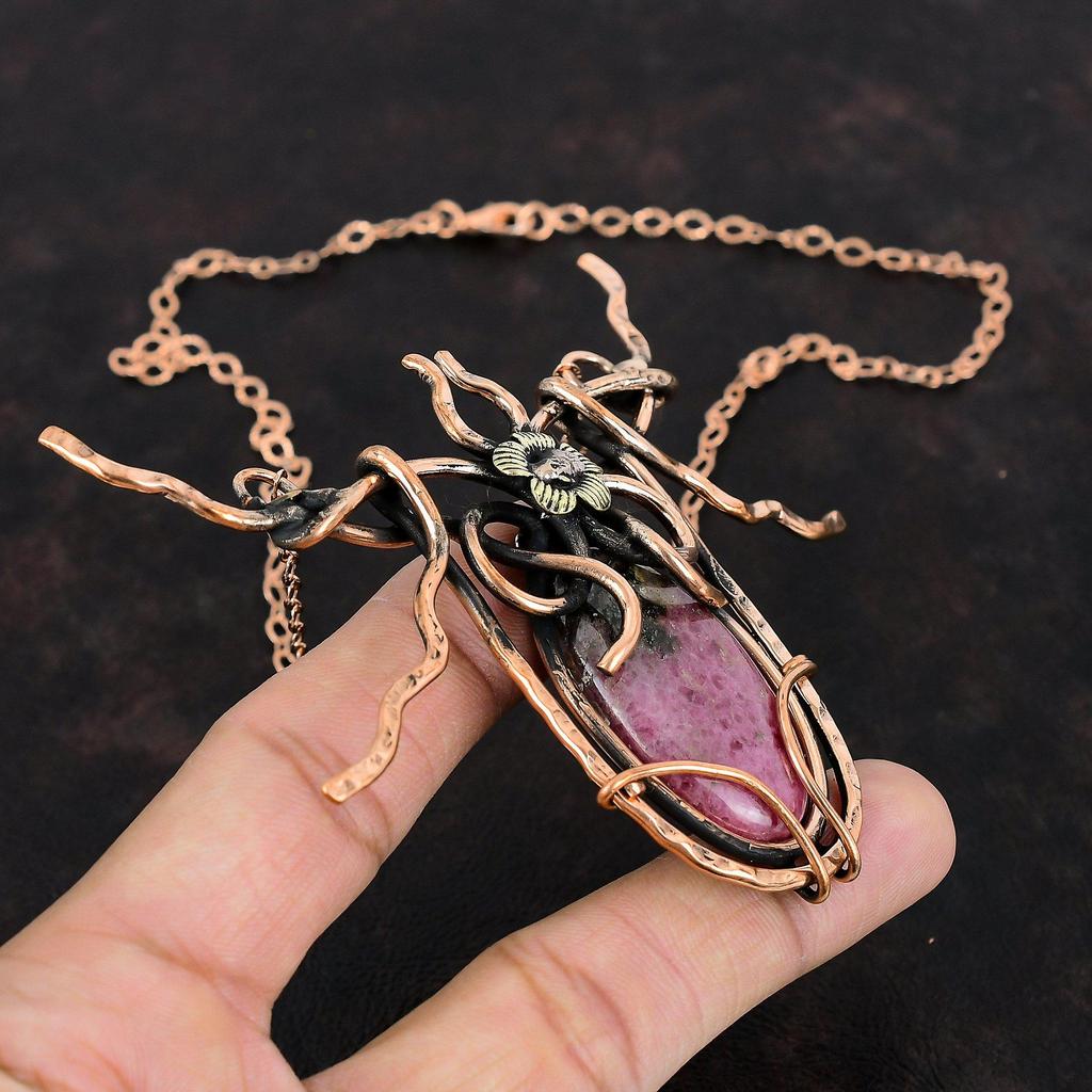 Rhodonite Necklace Copper Wire Wrapped Gemstone Necklace Copper Jewelry Adjustable Chain Necklace Gifts For Wife Handmade Wire Wrap Jewelry