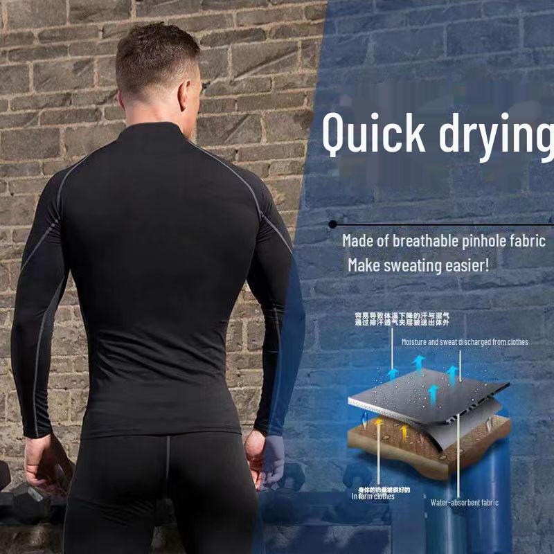 Men's High-Collar Basketball Training Tights - Long Sleeve, Plus Velvet, Warm, High Elastic, Quick-Drying.