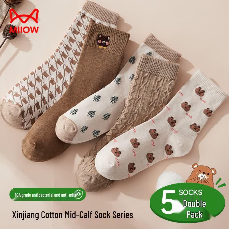 MiiOW Women s Mid-Calf Cotton Socks - 5 Pairs Cute Cartoon Style One Size