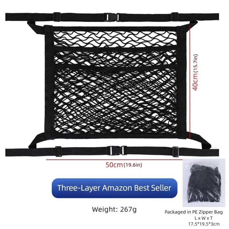 Vehicle Seat Back Storage Net, 3 Pocket Elastic Mesh Panel with Reinforced Edges and Seat Mount Belts for Cars
