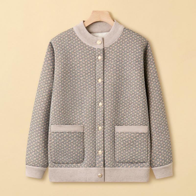 Mother Wife Autumn and Winter Clothes Fleece Clothes Year 0 Grandma Cardigan Jacket Middle Elderly Sweater Jacket