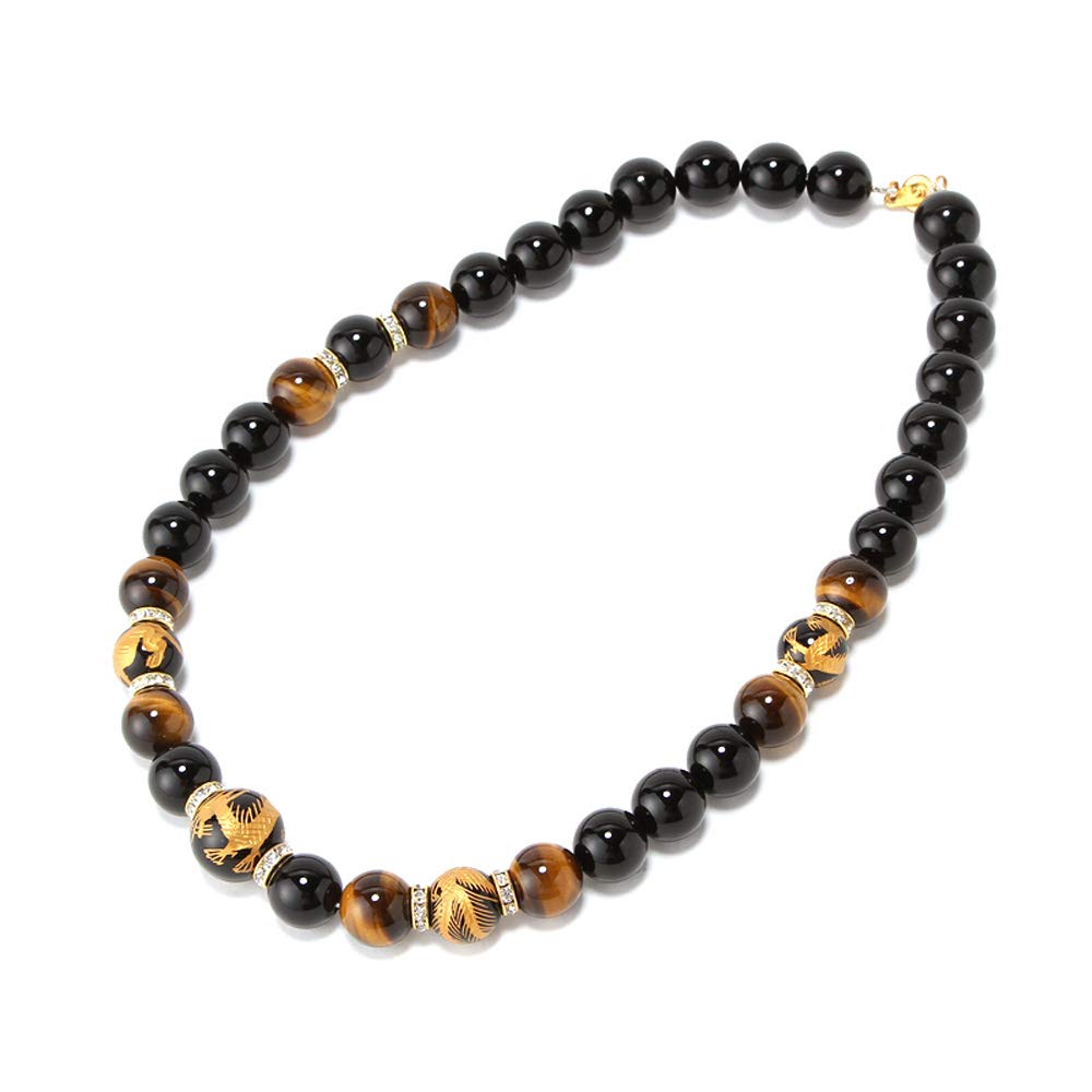 Ishiki 4A Gold Carved Dragon Onyx 20mm Necklace with Natural Tiger Eye Stones (16mm) Good luck with money, career, and wealth. Includes original