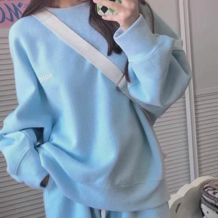 Women's Oversized Waffle Knit Two-Piece Sweater and Pants Set - Casual Loose Fit for Spring and Fall