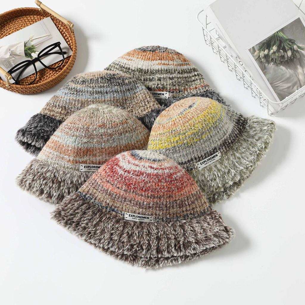 Women's Winter Warm Plush Knitted Wool Hat Korean Style Trendy Striped Face Small Windproof Versatile Basin Hat