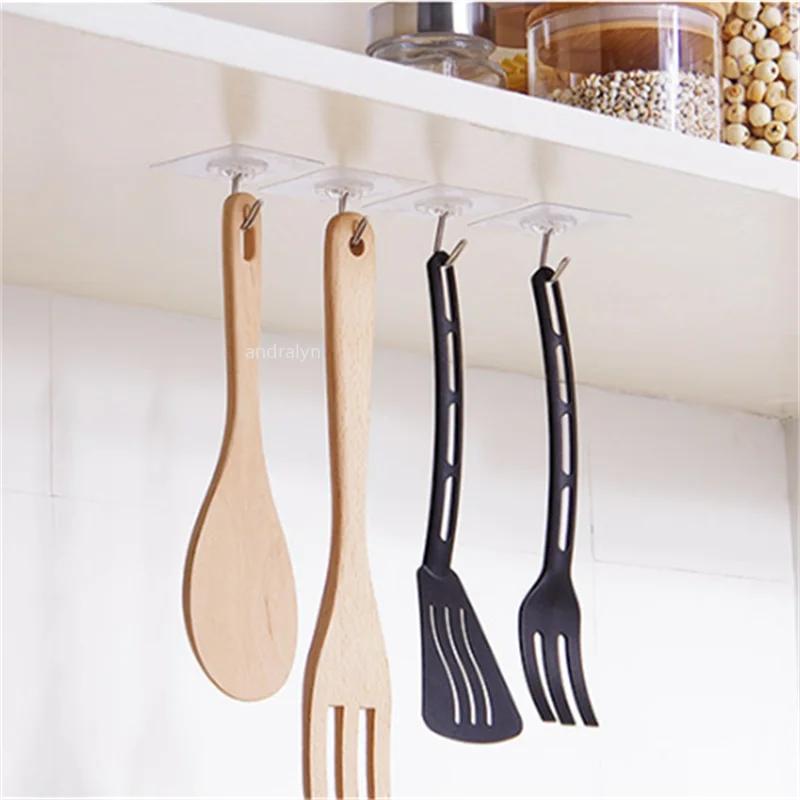 50pcs Transparent Stainless Steel Self-Adhesive Hooks Bathroom Towel Clothes Storage Sticker Hook Key Hangers Storage Holder