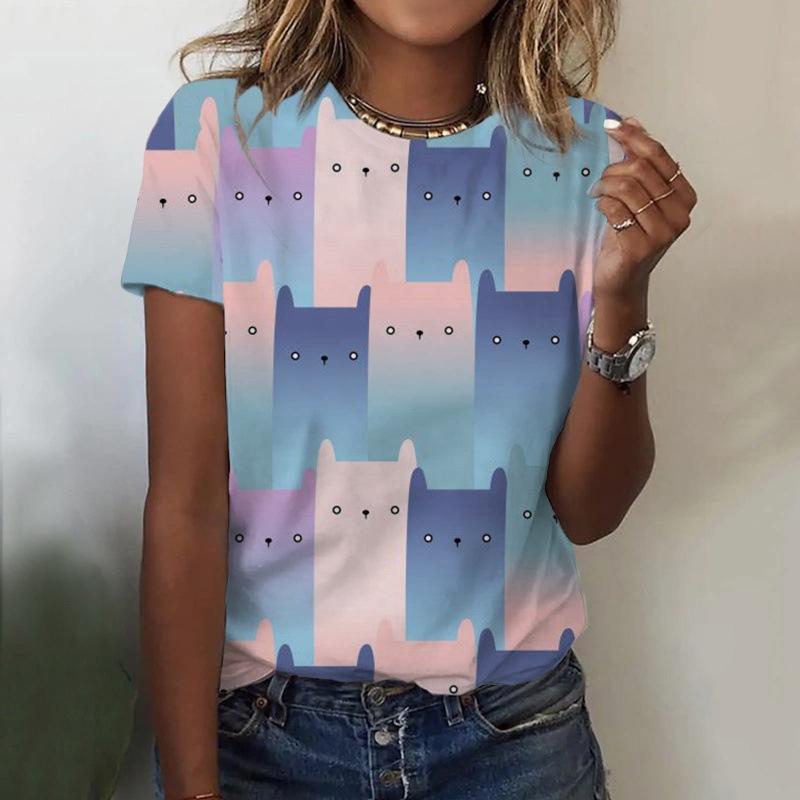 New Cute Cat T-shirt Animal Cat 3D Printed Women's Summer Round Neck Short sleeved T-shirt Harajuku T-shirt Women's Clothing