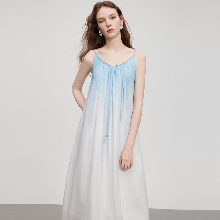Elle Fashion Gradient Design Drawstring Slim Long Dress Women dresses Blue EL51123