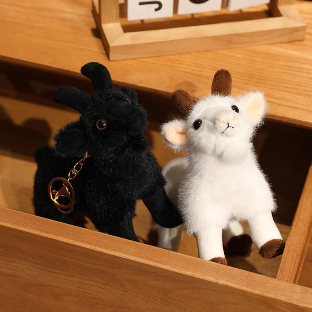 8 Inch Black Goat Plush Keychain Toys Realistic Stuffed Animal White Goat Key Ring Holder Soft Dolls Functional Gifts For Friend