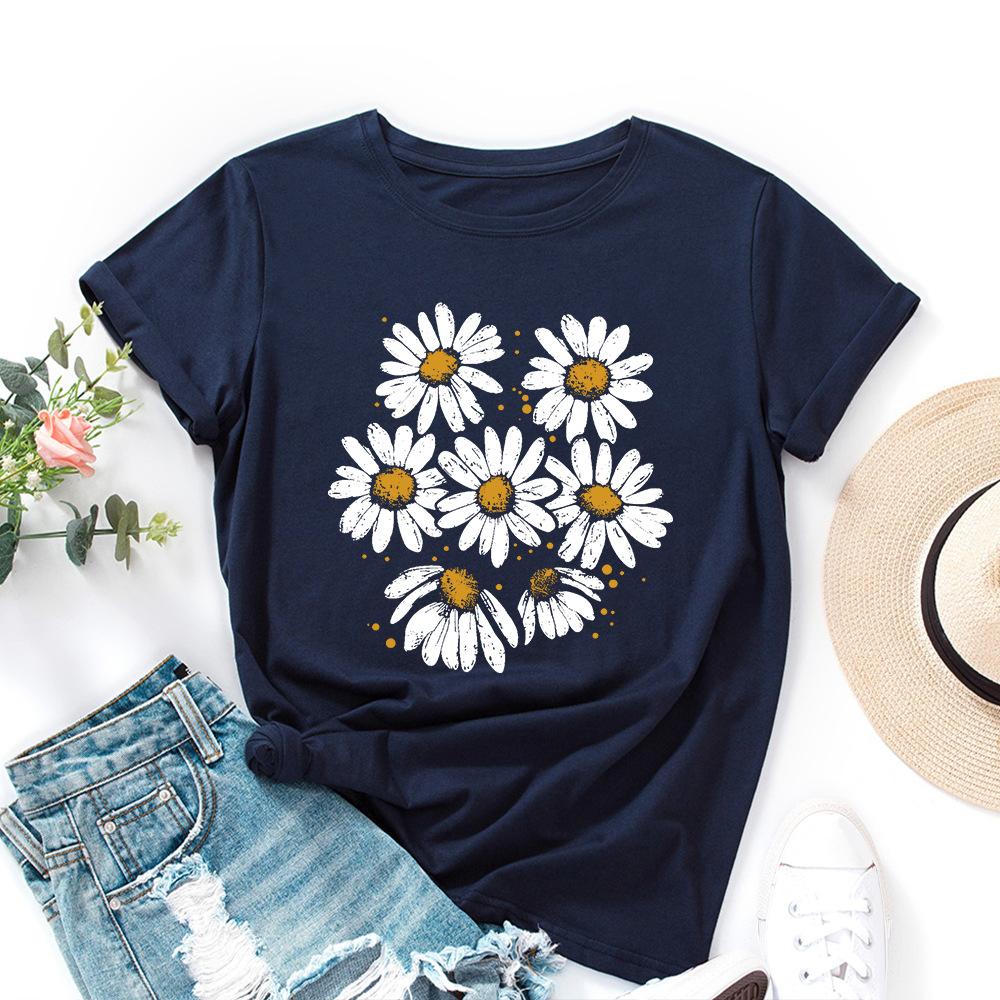 Casual Flowers Cotton T-Shirt Short Sleeve Round Neck Women 2d Print Tops