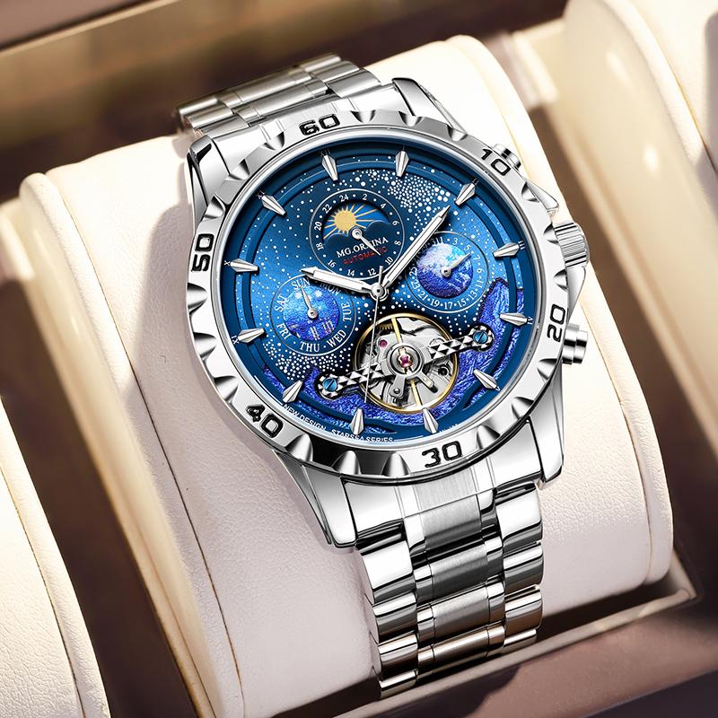 New Men's Stainless Steel Mechanical Watches, 3 ATM Waterproof Luminous Hand Blue Sport Watch, Moon Phase Wrist Watch,Male Clock