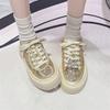 Women Versatile Casual Flats Thick Sole Rhinestone Vintage Dirty Sneakers