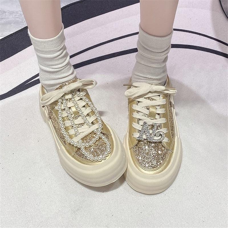 Women Versatile Casual Flats Thick Sole Rhinestone Vintage Dirty Sneakers