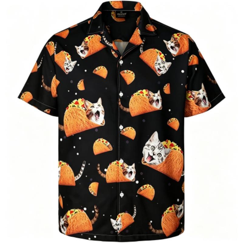 Summer Fashion Beer Hamburger Cat Printing Shirt Hawaiian Beach Vacation Clothing Men's Street Style Shirt Daily Men's and Women's Shirt