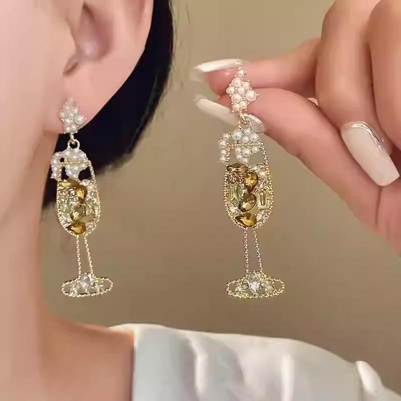 MUXCOR Hypoallergenic Needle Earrings for Women Trendy Diamond Pearl Wine Glass Design Earrings Gold Plated Alloy Jewelry
