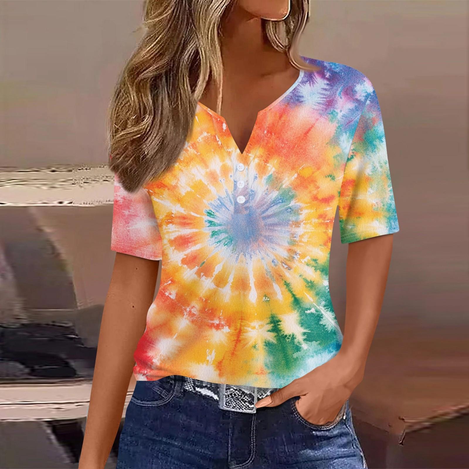 

Женская футболка с принтом на пуговицах, короткий рукав, туника, повседневная мода на выходные, базовый топ с V-образным вырезом S оранжевый