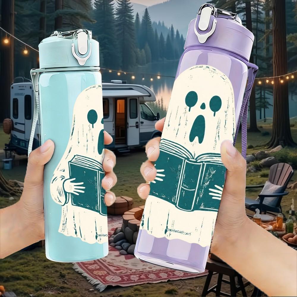 1PC Cute Ghost Reading Book Halloween Print 750ml Color Plastic Sports Water Bottle Leakproof Flip Straw Lid Suitable for Sports Office Home Use