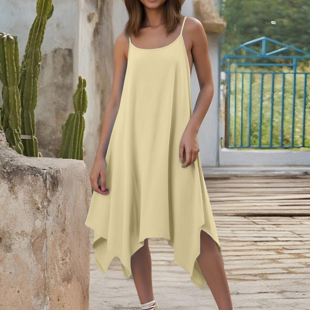 Women's Summer Casual Solid Color Round Neck Adjustable Suspender Dress With Pockets
