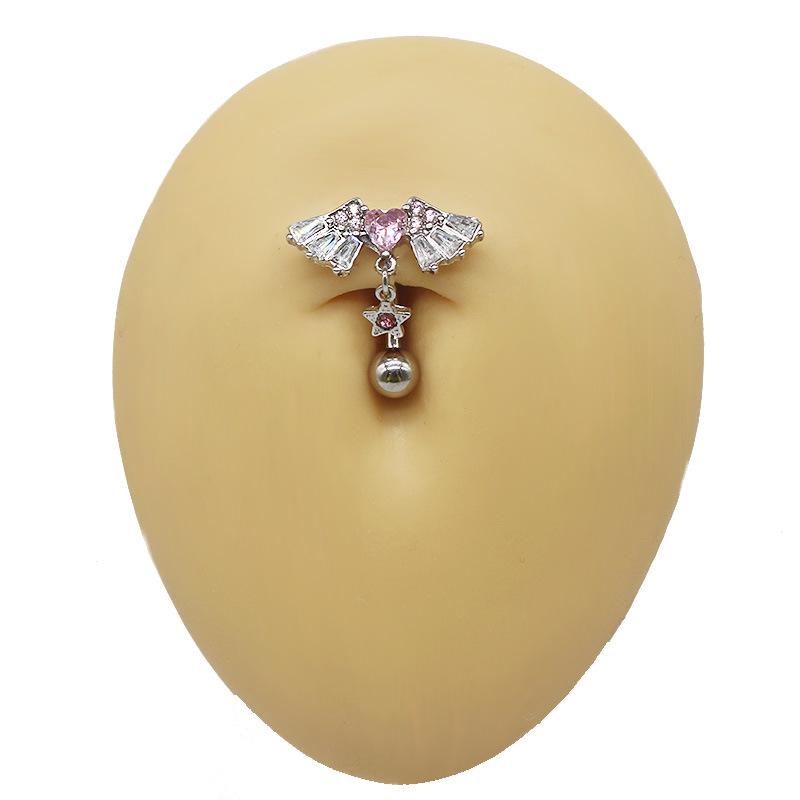 European & American Heart-Shaped Pink Navel Ring with Chain