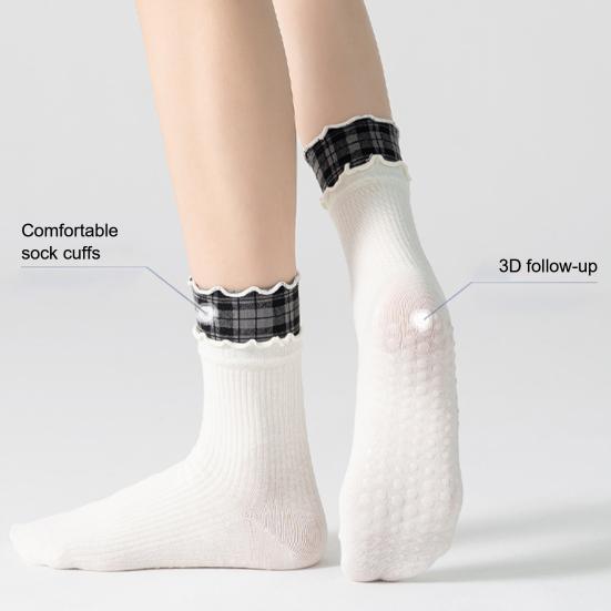 1 Pair Yoga Socks with Non-slip Gripper Double Ruffled Plaid Cuff Mid-calf Socks Women Ballet Dance Pilates Cotton Crew Socks