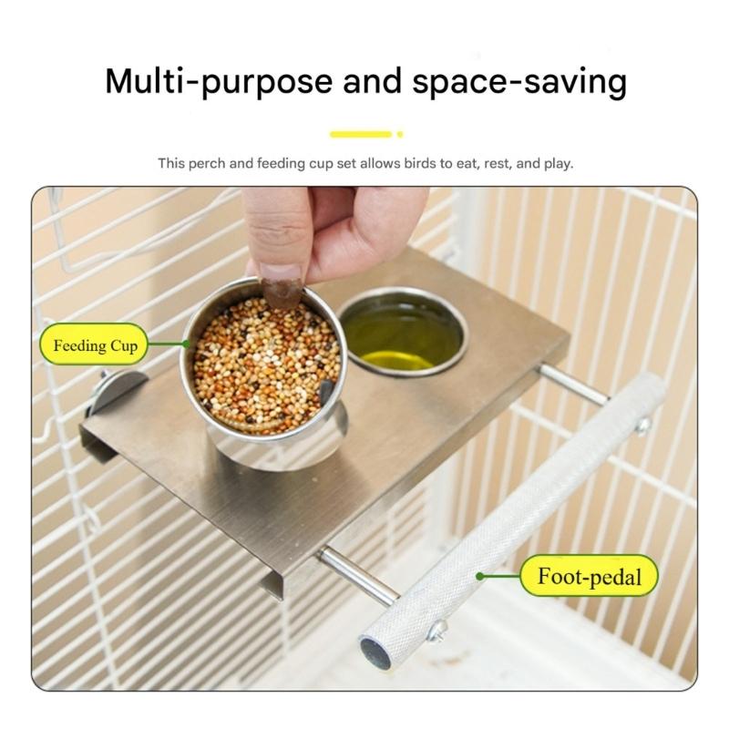Stainless Steel Parrot Feeders With Double Cup Standing Perch Platform For Cage Bird Rabbits Ferrets Watering Feeding Use