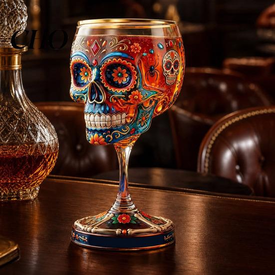 Sugar Skull Wine Glass Gothic Glass, Hand Painted Skeleton Goblet, Day Luxury Decorative Drinking of The Dead Decor, Unique Bar Gift for Halloween