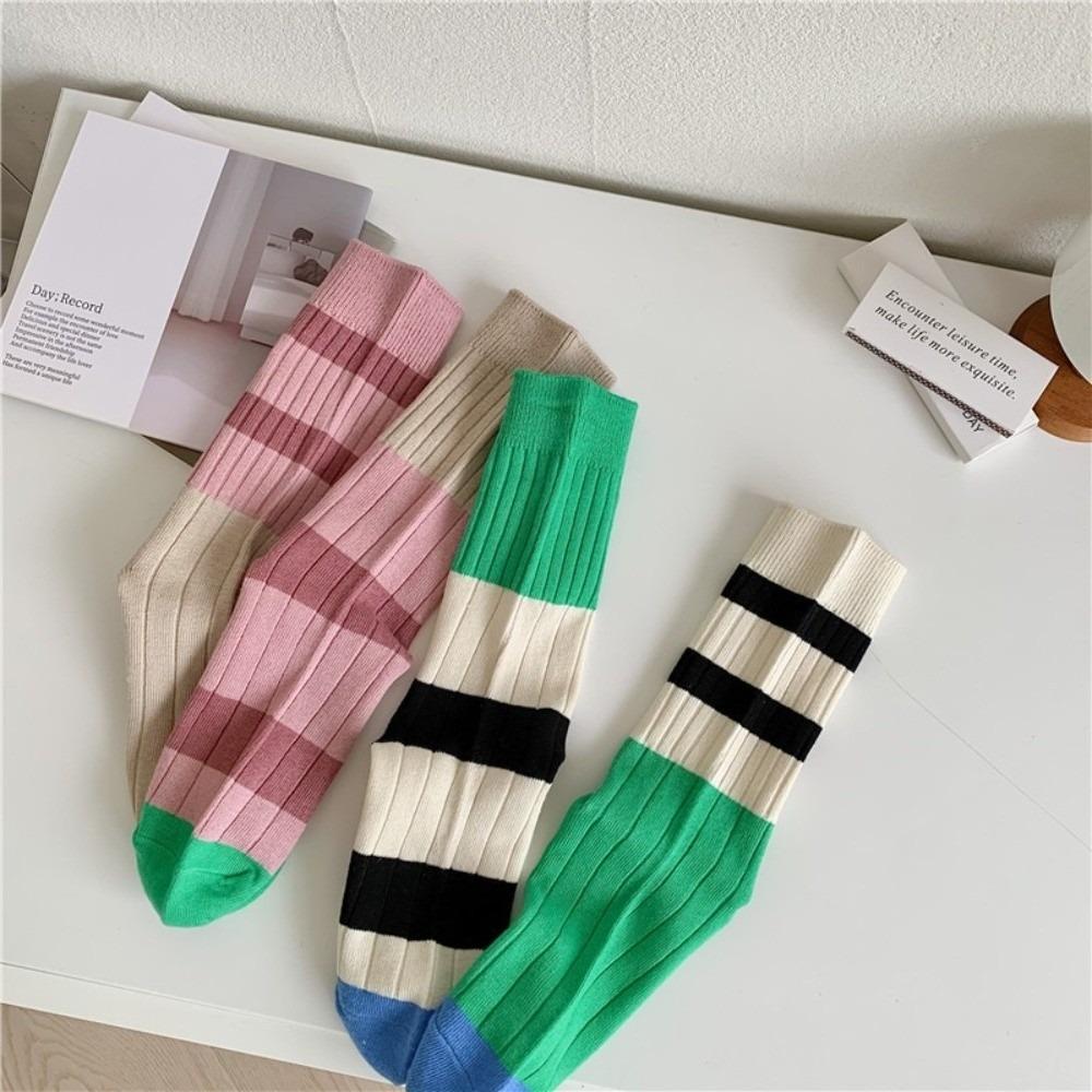 A Pair Stripes Mid Tube Socks Warm Womens Crew Socks Durable Cotton Socks  At All Seasons