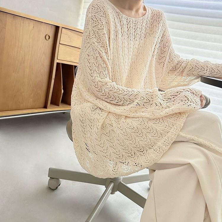 2024 Spring and Autumn New Lazy Wind Loose Long Sleeve Fashion Hollowed-out Slit Knitted Blouse