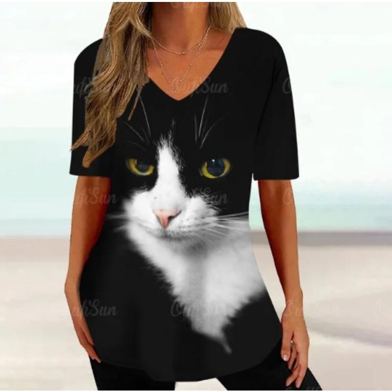 Summer V-neck 3D Cartoon Cat Printed Top Fashionable Casual Short Sleeved Women's T-shirts