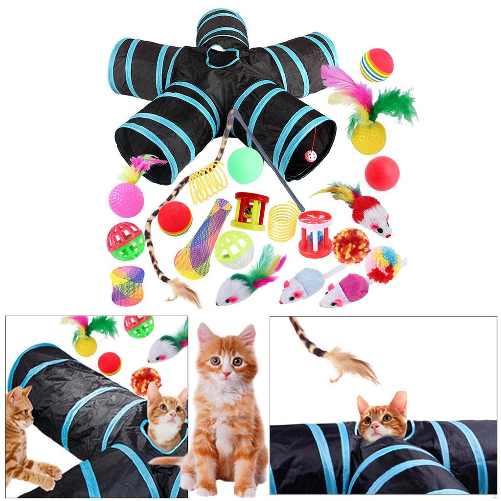 Cat Kitten Toys Set, Collapsible Tunnels for Indoor Cats, Interactive Feather Toy Mouse