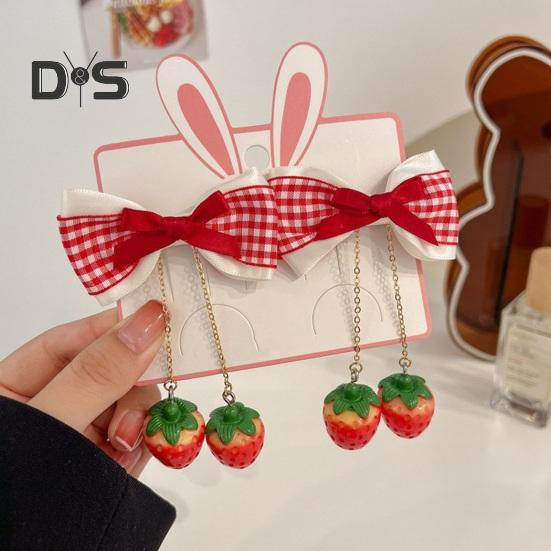 3 Pairs Strawberry Bow Charm Hair Clips Red Plaid Hairpins Anti-slip Teeth Women Girls Christmas Hair Accessories
