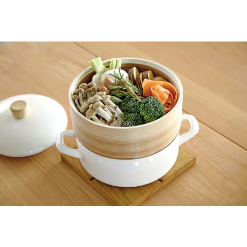 Fuji Enamel Pot with Steamer, 18cm, Greige, SER-18W.GG