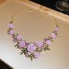 Pre-Owned Floral Geometric Rhinestone Jewelry Set with Clavicle Necklace & Earrings In Turquoise and Pearl Tones