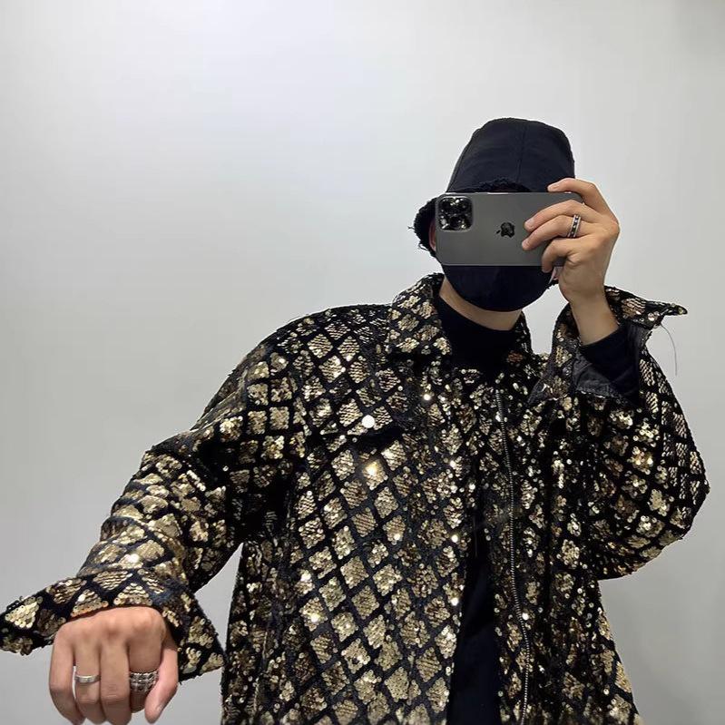 Velvet Sequined Embroidered Men's Jacket for Trendy Hairstylists