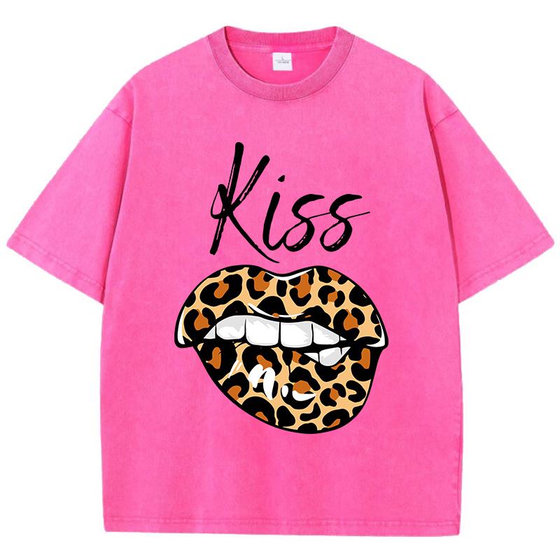LeopardPrint Lips Kiss Prints Washed T Shirt Women Cotton Streetwear Distressed ONeck Comfortable Tops Summer Womans Clothes