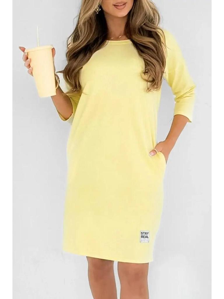 2025 Summer Women's Solid Color Long Sleeve Loose Casual Dress with Round Neck