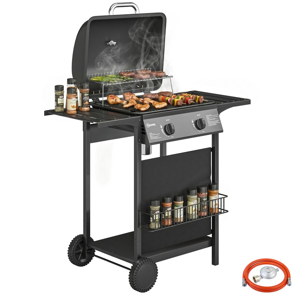 Gas Barbecue, 2 Burners, Side Tables, Grease Drip Tray, Black