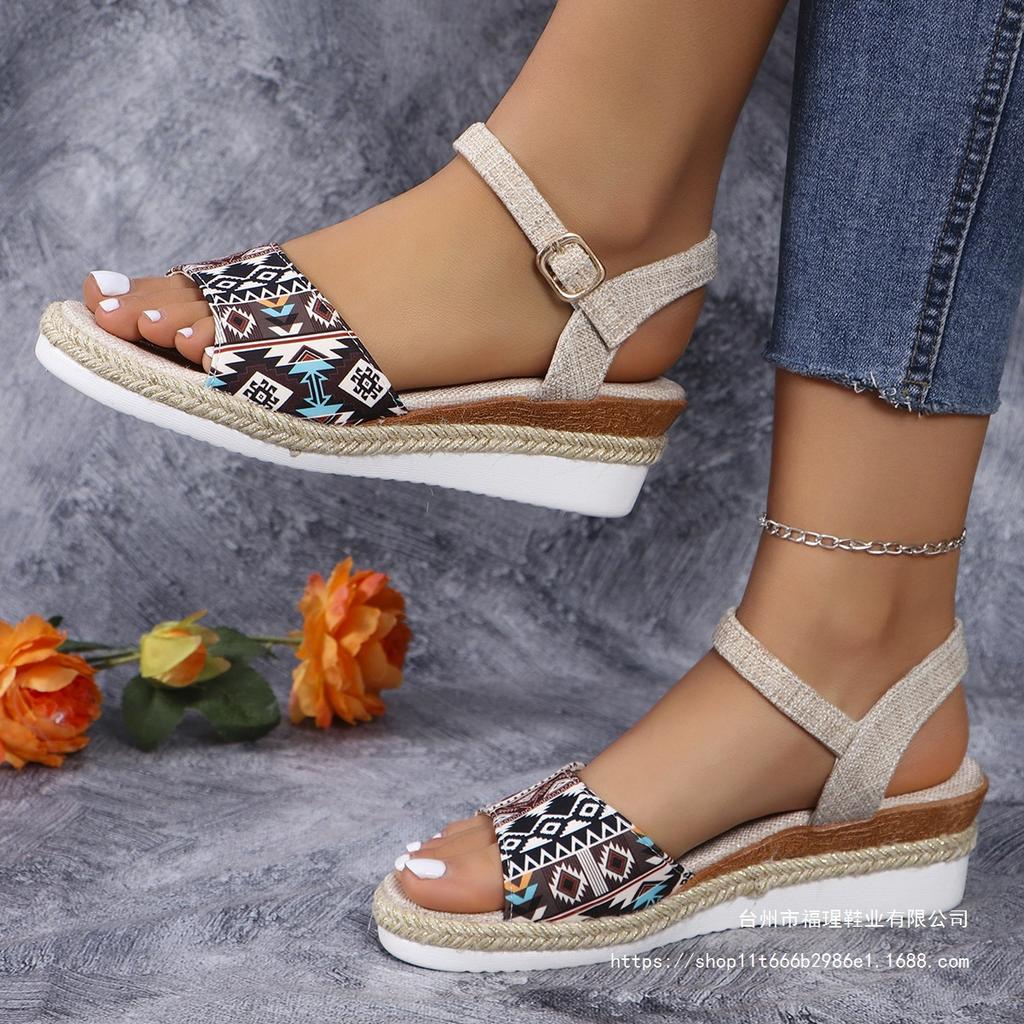 Roman color matching wedge heel large size fashion round head thick bottom open toe women's one-word buckle new wish2025