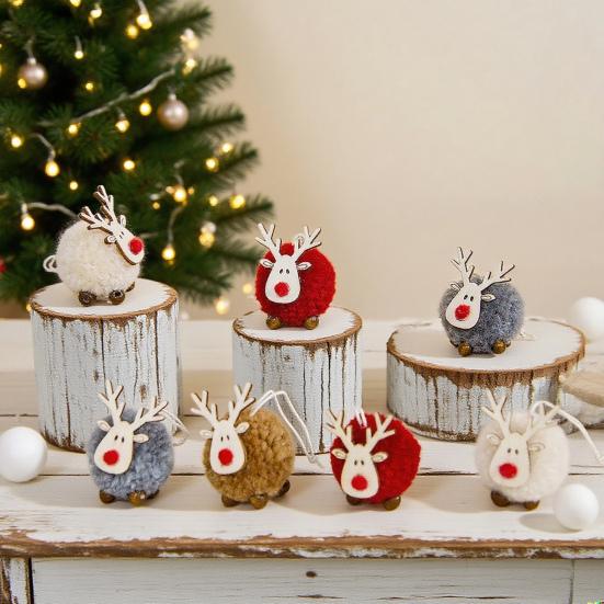 Pom Pom Reindeer Christmas Ornament Plush Elk Hanging Ornaments Wooden Deer Slices Xmas Tree Pendants for Home Party Holiday Decor
