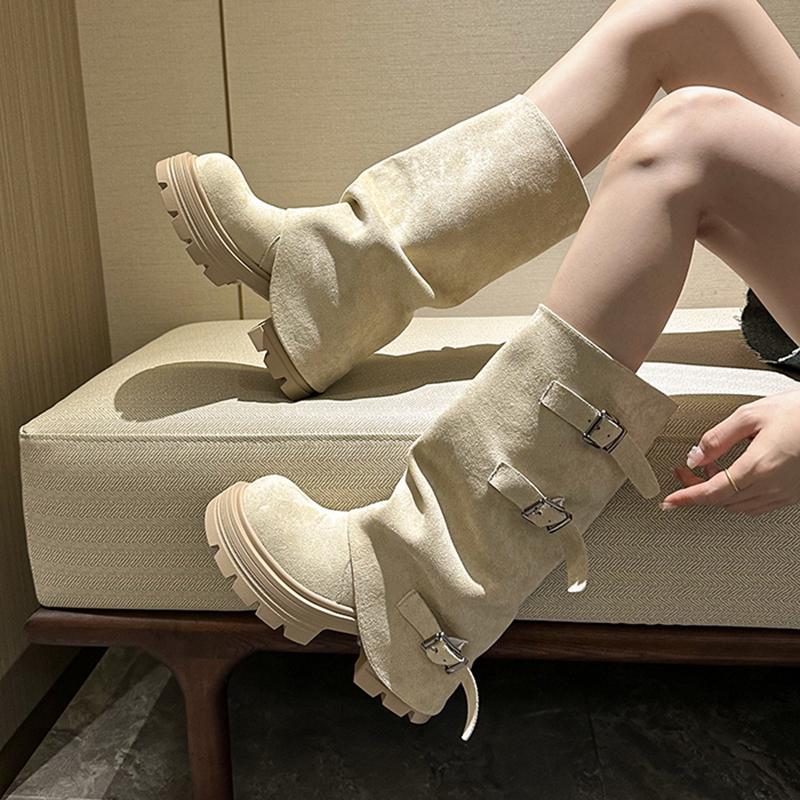 Fashion Winter Fashion Platform Thick Heel Woman Knight Boots Fashion Belt Buckle Slip On Mid Calf Booties