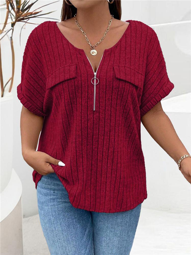 Solid Color Zipper Short Sleeve Casual Pullover T Shirt Women Loose Clothes Fashion Female Tee V-Neck Streetwear Plus Size Tops
