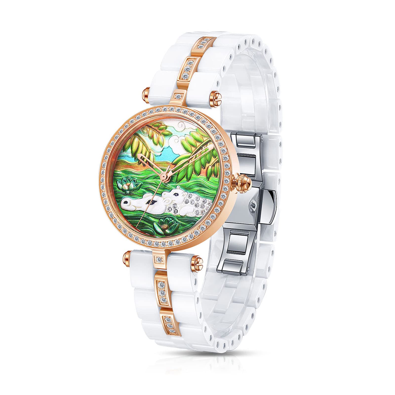 

Time100 Relief Ceramic Watch with Japanese Quartz Relief Design with Diamonds, Movement, #W50352L.03A (Green Cover)