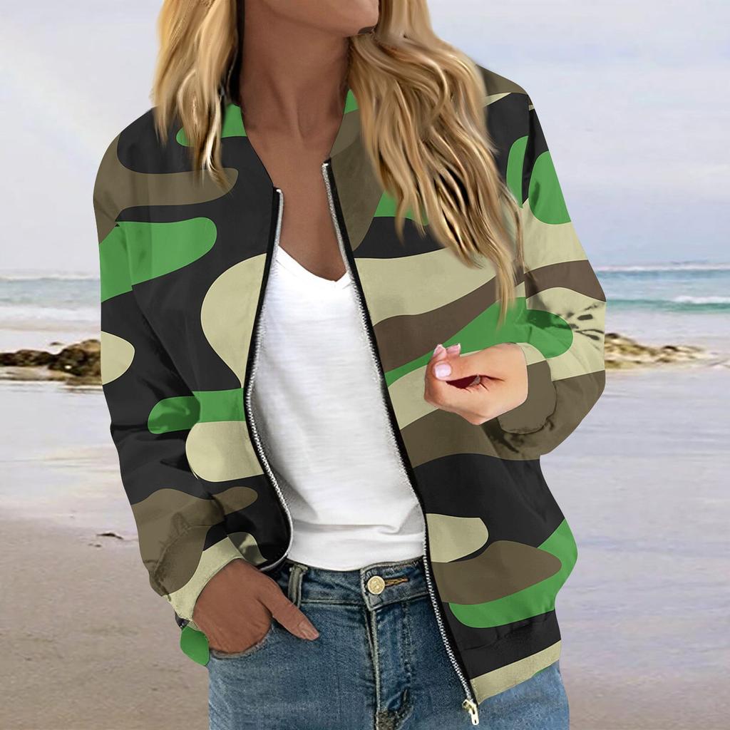 Damen Langarm Reißverschluss Camouflage Print Jacke Lässige Steppjacke mit Taschen