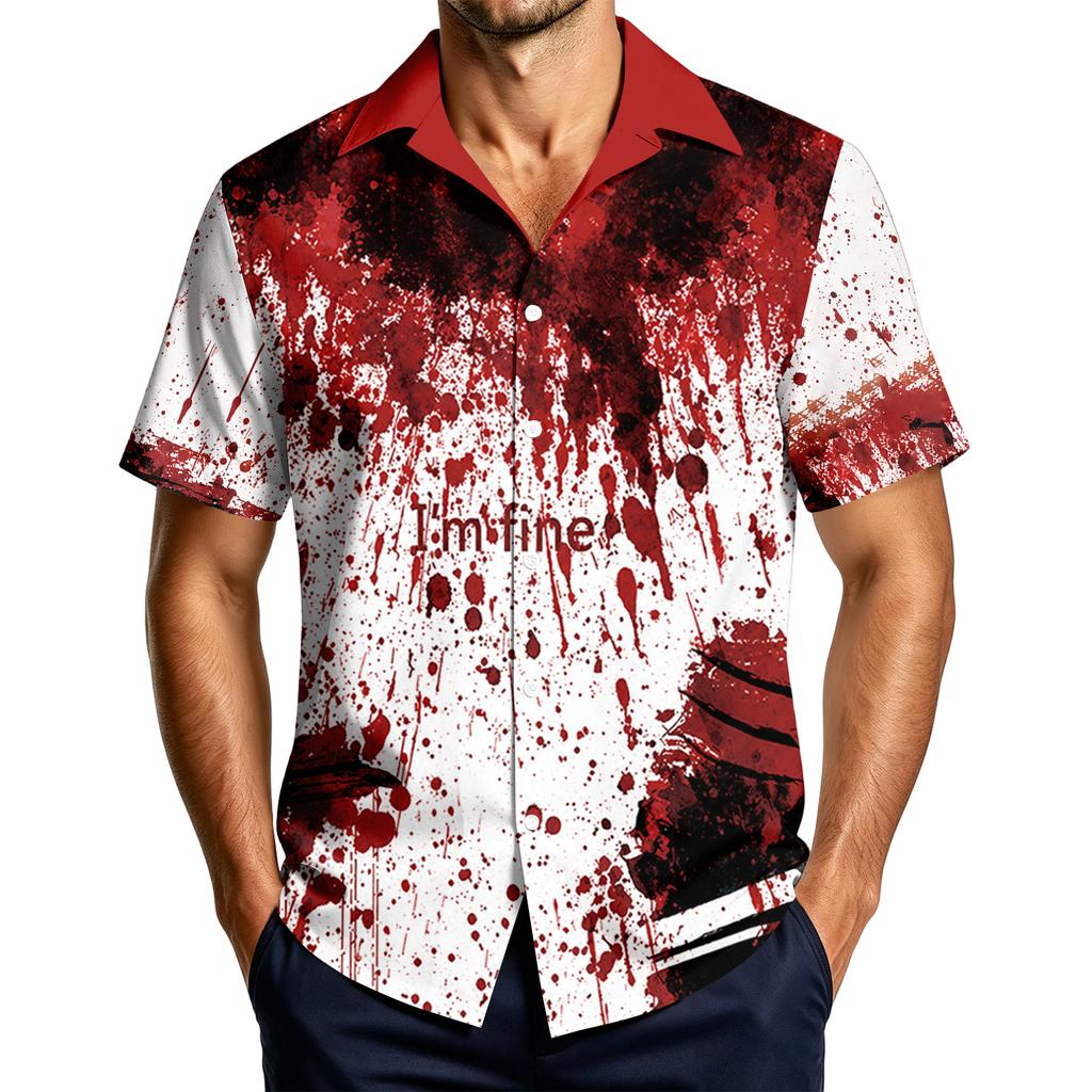 Men's Casual Short Sleeve Halloween Print Button Down Shirt