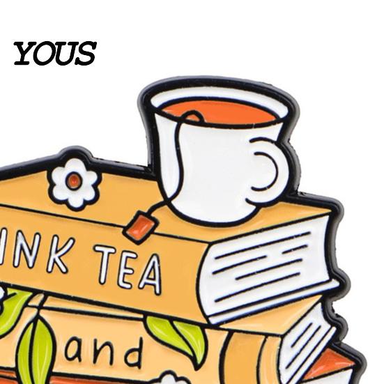 Artistic Enamel Pin Brooch Pin, Thick Zinc Alloy Base Brooch, Literary Tea Drink Book Lover Design Lapel Wear-Resistant Safety Buckle Gift Accessory