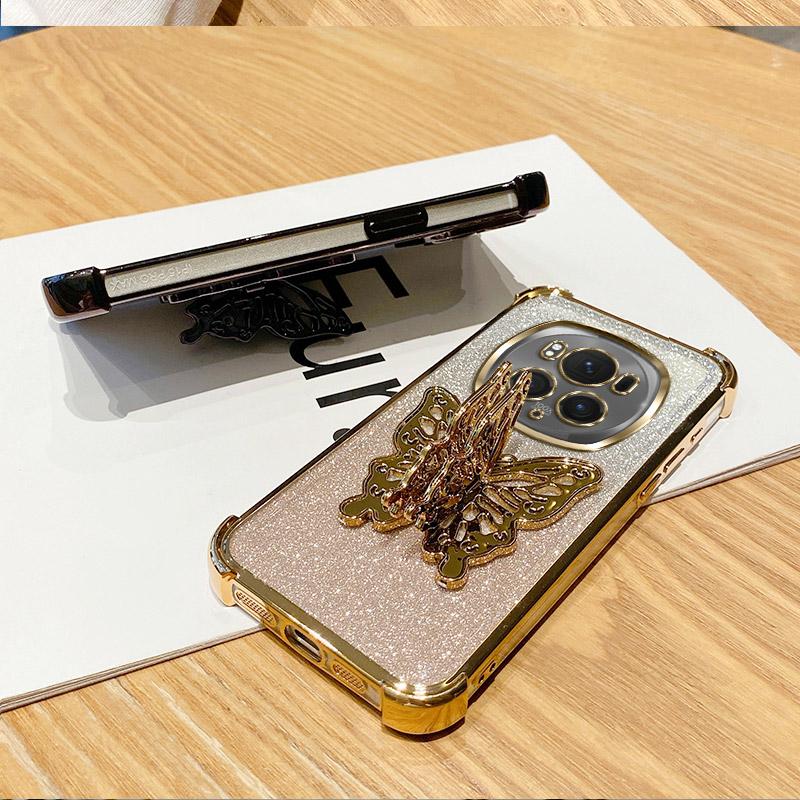 Shockproof Glitter Plating Case for Xiaomi Redmi Note 14 Pro Plus 14S 14C 4G 5G Butterfly Phone Holder Bead bracelet Back Cover