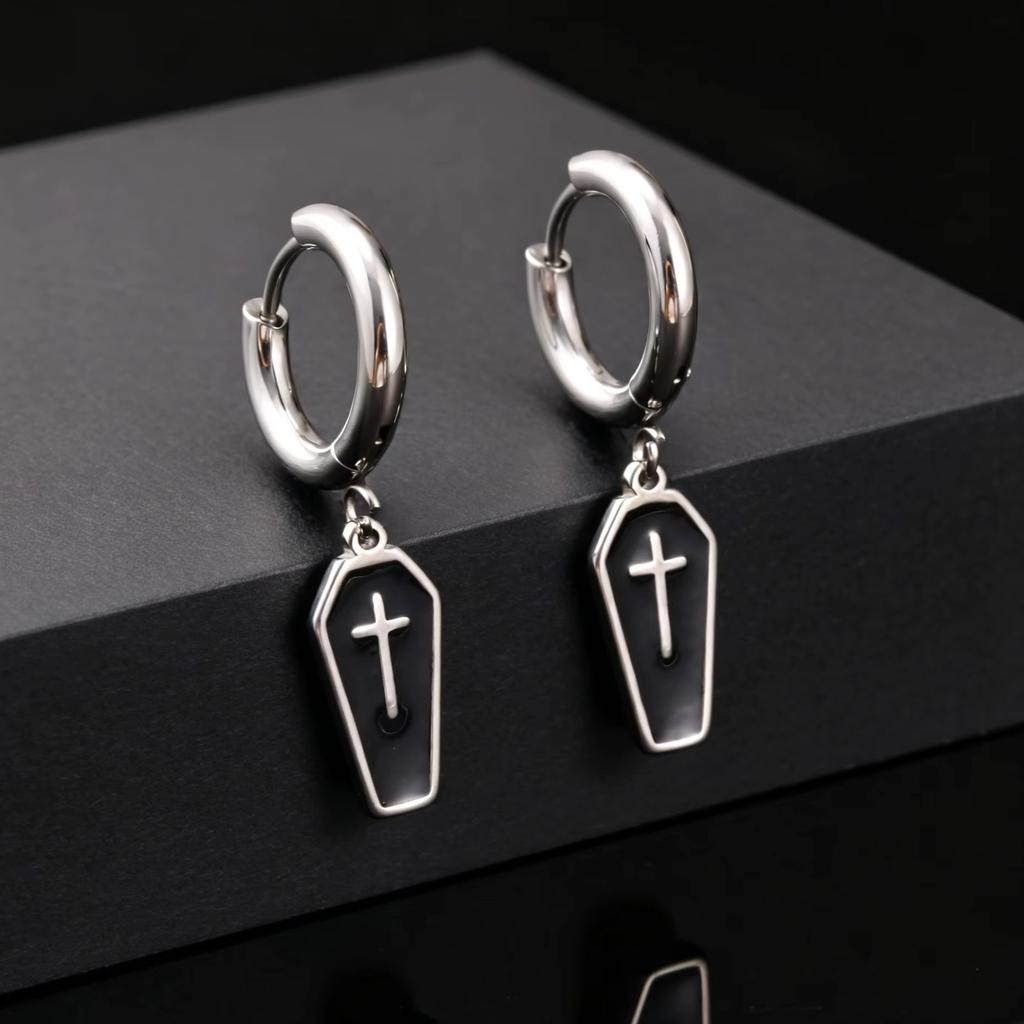 Gothic Coffin Cross Dangle Earrings for Men, Waterproof Stainless Steel Punk Earrings, Unique Fashion Piercing Jewelry Gift