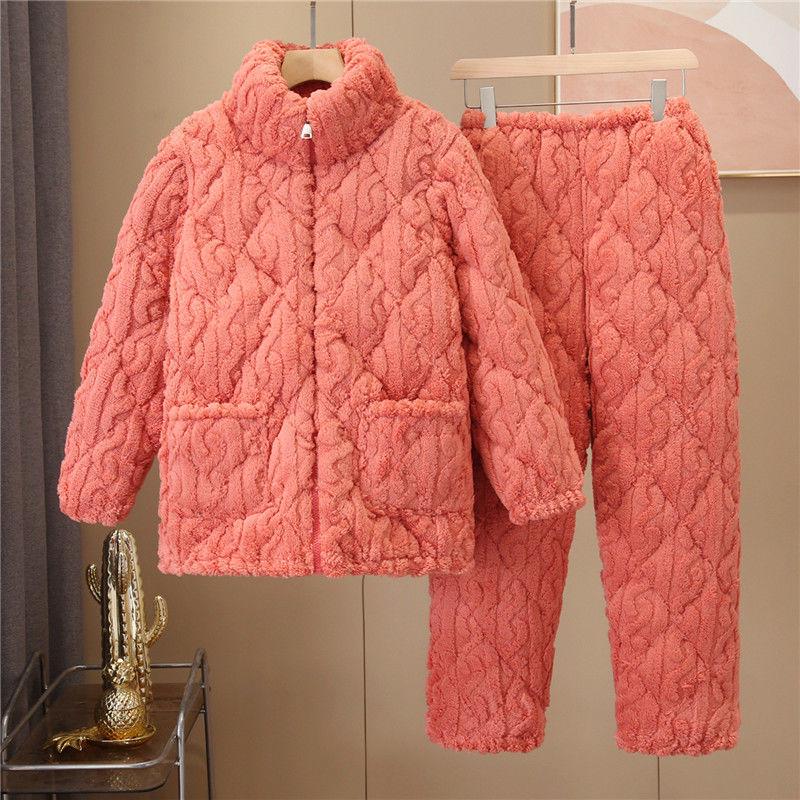 Three-Layer Fleece-Lined Quilted Winter Pajama Set for Elderly Women - Warm Coral Fleece Home Wear & Outerwear