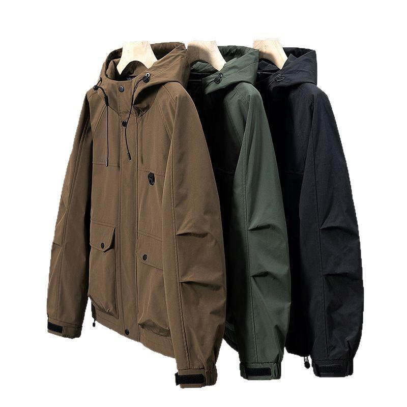 Jacket men's new spring and autumn solid color casual fattening plus size jacket loose hooded cargo men's coat