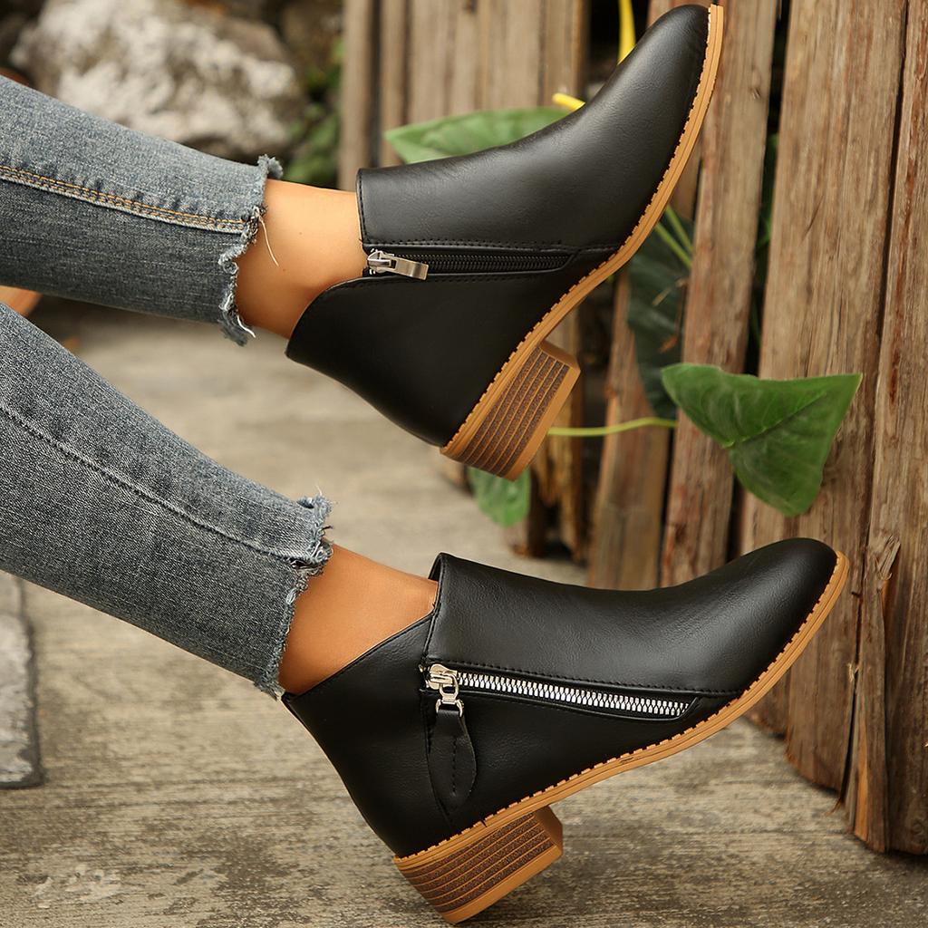 Four seasons shoes British style solid color casual zipper low heel thick heel short boots